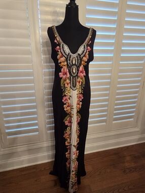 Boston Proper Black Maxi Dress with Pink and Yellow Floral Center Panel Size L
